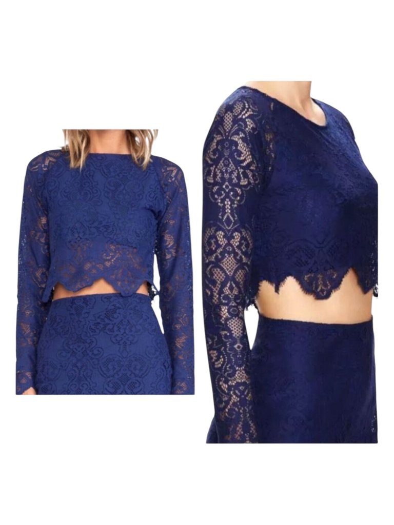 For Love & Lemons Shirt Women Xs Blue Long Sleeve Midnight Lace Crop Top Sexy
